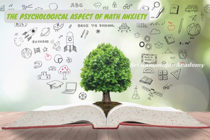 Creative educational concept with a lush tree sprouting from an open book and symbols of academic success and challenges, addressing the psychological aspect of math anxiety at Peelamedu 