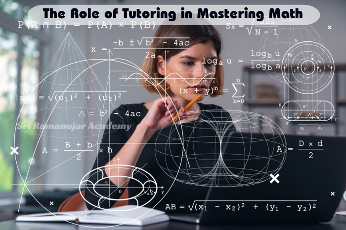 Focused student with a pencil studying complex math problems, with virtual geometric and algebraic formulas illustrating the role of tutoring in mastering math at Peelamedu