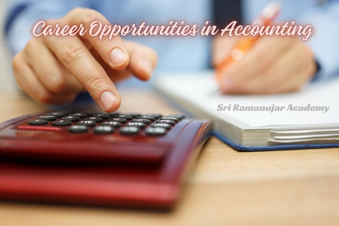 Close-up of a student using a calculator and taking notes, exploring career opportunities in accounting with the guidance of Sri Ramanujar Academy